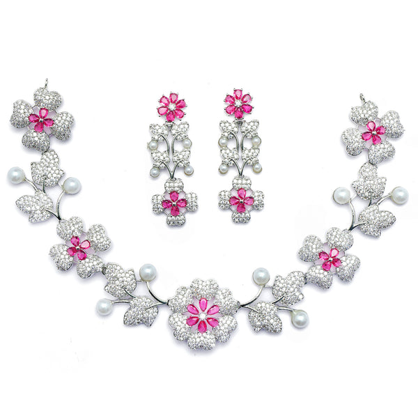 Rhodium-Plated Red Cubic Zirconia Studded Floral Theme Necklace & Earrings Jewellery Set