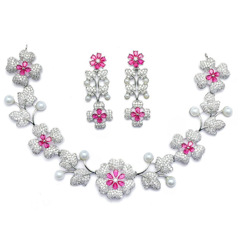 Rhodium-Plated Red Cubic Zirconia Studded Floral Theme Necklace & Earrings Jewellery Set