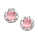 Rhodium-Plated Pink & White American Diamond studded Contemporary Round Stud Earrings