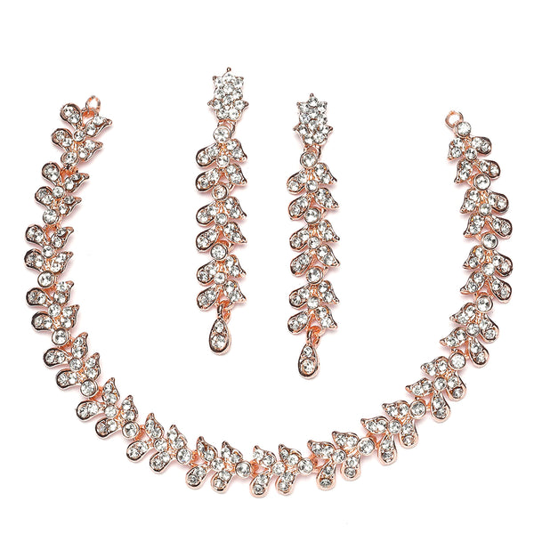 Rose Gold-Plated White Cubic Zirconia Studded Leafy Shaped Necklace with Earrings Jewellery Set