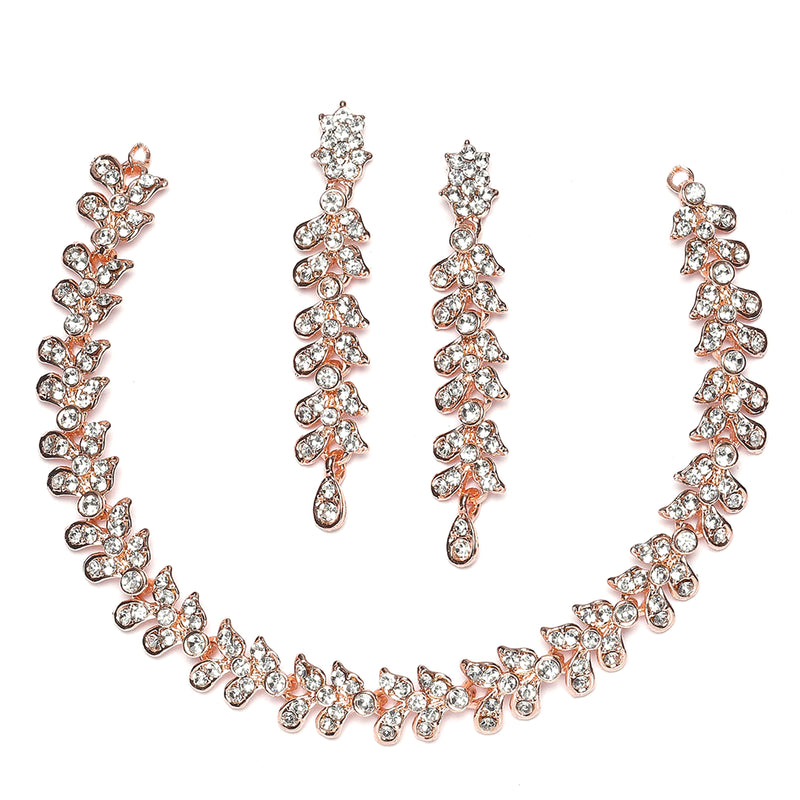 Rose Gold-Plated White Cubic Zirconia Studded Leafy Shaped Necklace with Earrings Jewellery Set