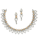 Rhodium-Plated Orange American Diamond Studded Floral & Leaf Shaped Necklace with Earrings Jewellery Set