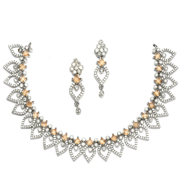 Rhodium-Plated Orange American Diamond Studded Floral & Leaf Shaped Necklace with Earrings Jewellery Set