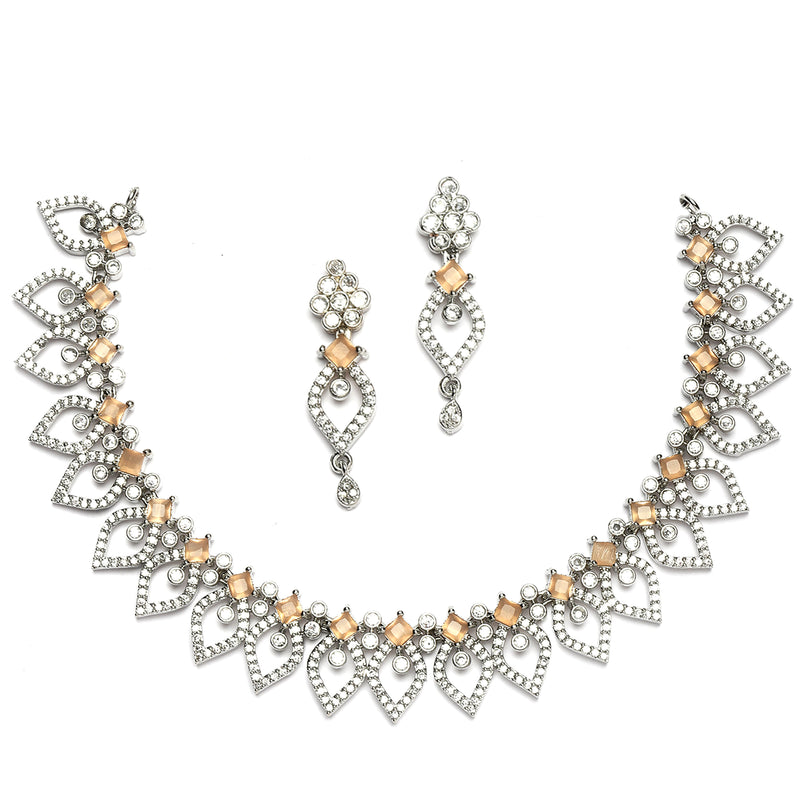 Rhodium-Plated Orange American Diamond Studded Floral & Leaf Shaped Necklace with Earrings Jewellery Set