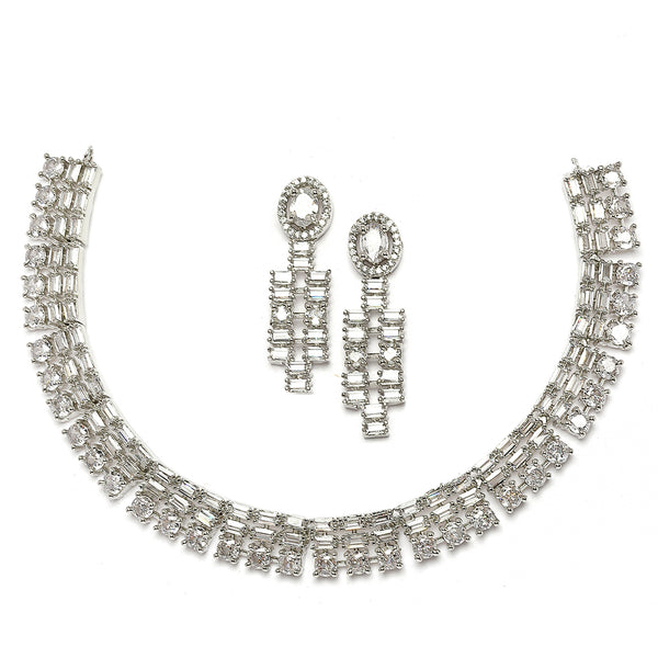 Rhodium-Plated White Round Shape American Diamonds Studded Necklace & Earrings Jewellery Set