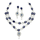 Rhodium-Plated Navy Blue American Diamond Studded Abstract Necklace & Earrings Jewellery Set