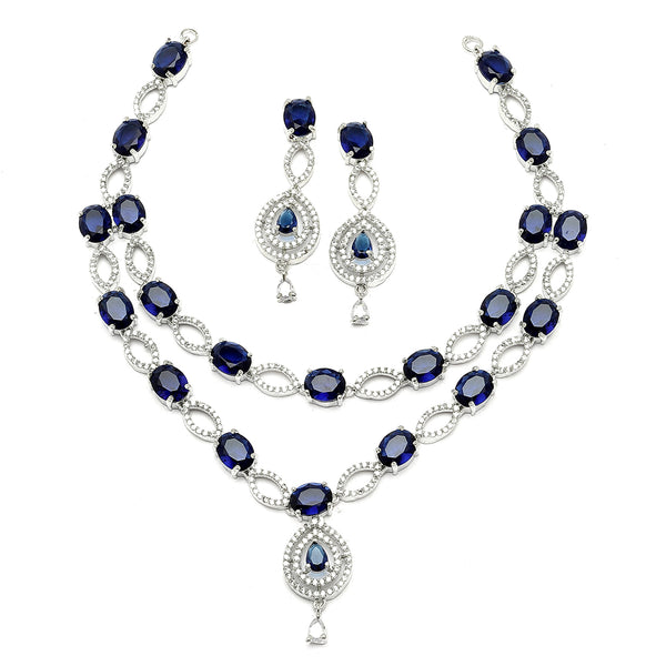Rhodium-Plated Navy Blue American Diamond Studded Abstract Necklace & Earrings Jewellery Set