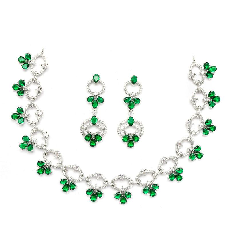 Rhodium-Plated Green Oval American Diamond Studded Circular Shaped Necklace & Earrings Jewellery Set
