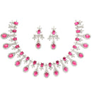 Rhodium-Plated Red American Diamond Studded Designer Necklace & Earrings Jewellery Set