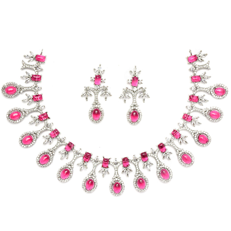 Rhodium-Plated Red American Diamond Studded Designer Necklace & Earrings Jewellery Set