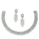 Rhodium-Plated Sea Green Round Shape American Diamonds Studded Necklace & Earrings Jewellery Set