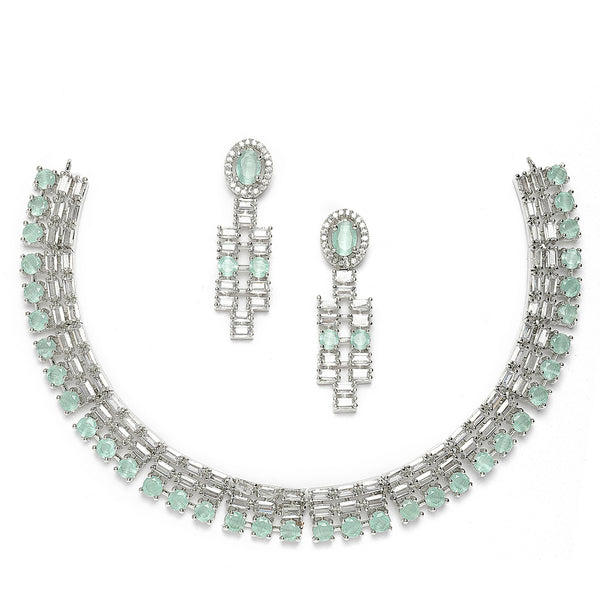 Rhodium-Plated Sea Green Round Shape American Diamonds Studded Necklace & Earrings Jewellery Set