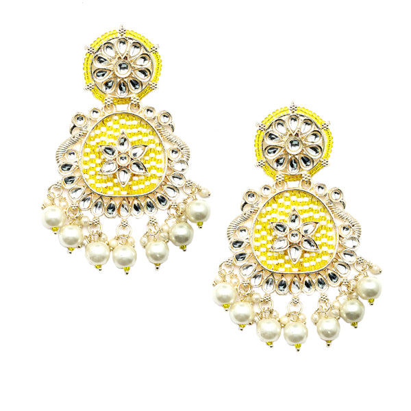 Gold-Plated Yellow Beads White Pearls & Kundan studded Handcrafted Peacock Shaped Drop Earrings