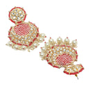 Gold-Plated Red Beads White Pearls & Kundan studded Handcrafted Crescent Shaped Drop Earrings