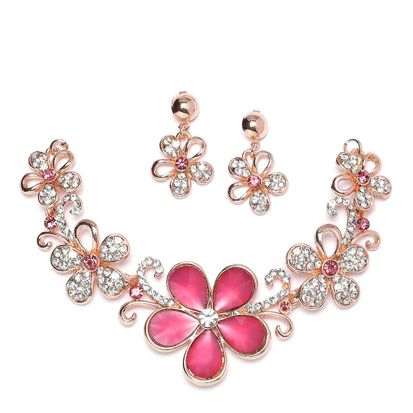 Rose Gold-Plated Red American Diamonds Studded Floweret Necklace & Earrings Jewellery Set