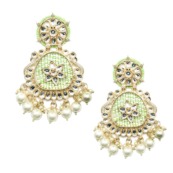 Gold-Plated Lime Green Beads White Pearls & Kundan studded Handcrafted Peacock Shaped Drop Earrings