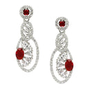 Rhodium-Plated Red American Diamond studded Oval & Quirky Shaped Drop Earrings