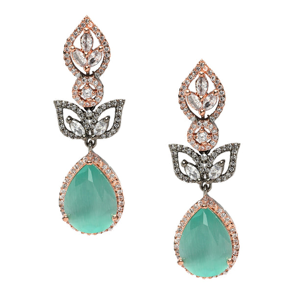 Rose Gold-Plated Gunmetal Toned Sea Green American Diamond Teardrop & Leaf Shaped Drop Earrings