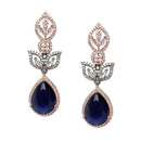Rose Gold-Plated Gunmetal Toned Navy Blue American Diamond Teardrop & Leaf Shaped Drop Earrings