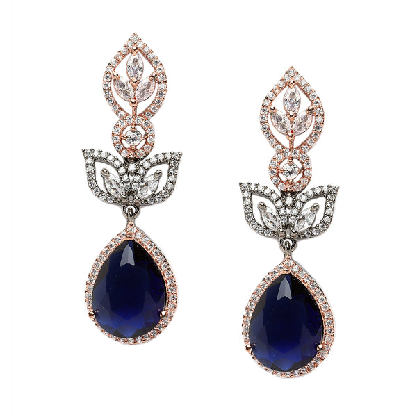 Rose Gold-Plated Gunmetal Toned Navy Blue American Diamond Teardrop & Leaf Shaped Drop Earrings