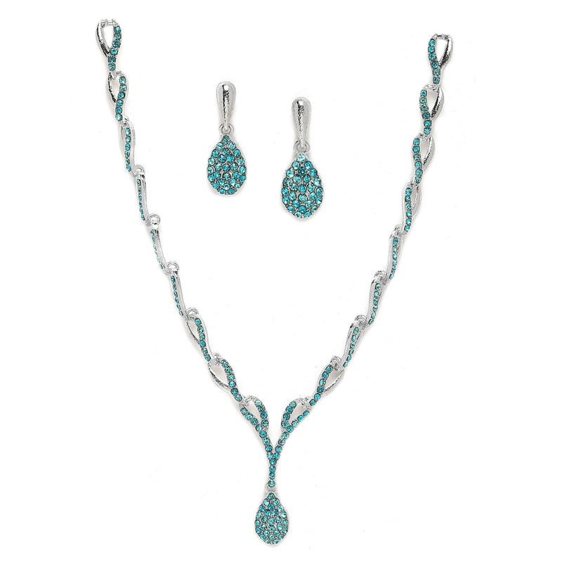 Silver-Plated Blue & White Cubic Zirconia Studded Teardrop Shaped Necklace with Earrings Jewellery Set