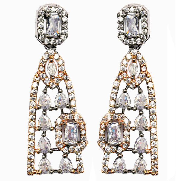 Rose Gold-Plated Gunmetal Toned White American Diamond studded Classic Drop Earrings