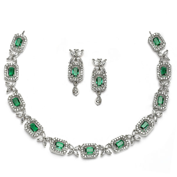 Rhodium-Plated Green American Diamonds Studded Cubical Necklace & Earrings Jewellery Set