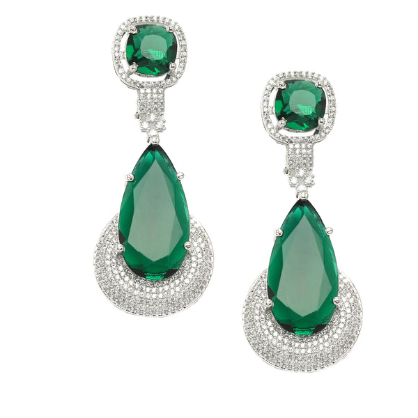 Rhodium-Plated Green & White American Diamond studded Teardrop Drop Earrings