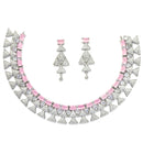 Rhodium-Plated Pink American Diamond Studded Triangular Design Necklace & Earrings Jewellery Set