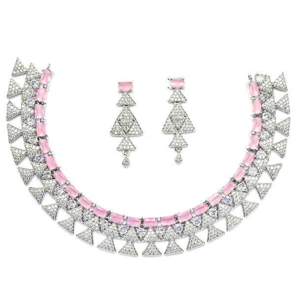 Rhodium-Plated Pink American Diamond Studded Triangular Design Necklace & Earrings Jewellery Set