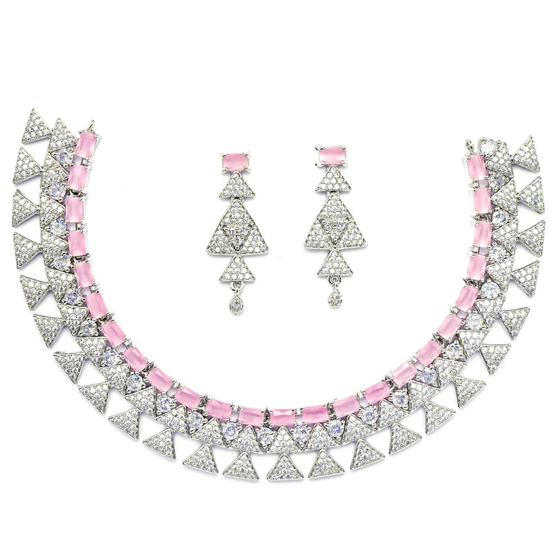 Rhodium-Plated Pink American Diamond Studded Triangular Design Necklace & Earrings Jewellery Set