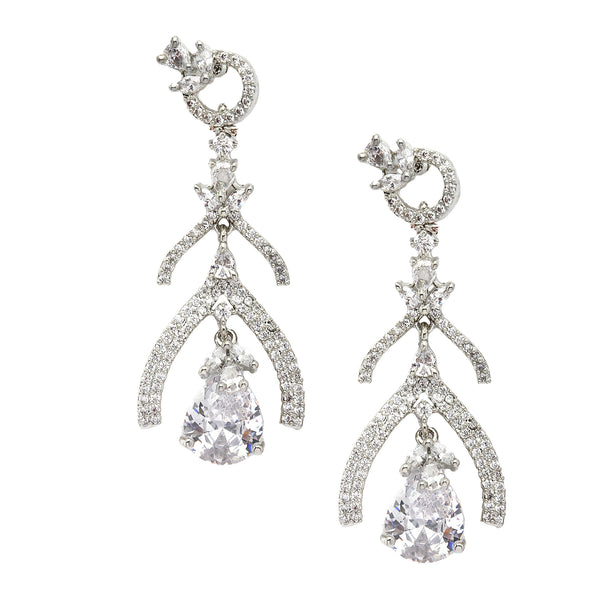 Rhodium-Plated White American Diamond studded Teardrop & Quirky Shaped Drop Earrings
