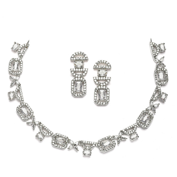 Rhodium-Plated White American Diamonds Studded Boxy Necklace & Earrings Jewellery Set