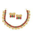 Gold-Plated Red & Green Cubic Zirconia Studded Floweret Theme Jewellery Set