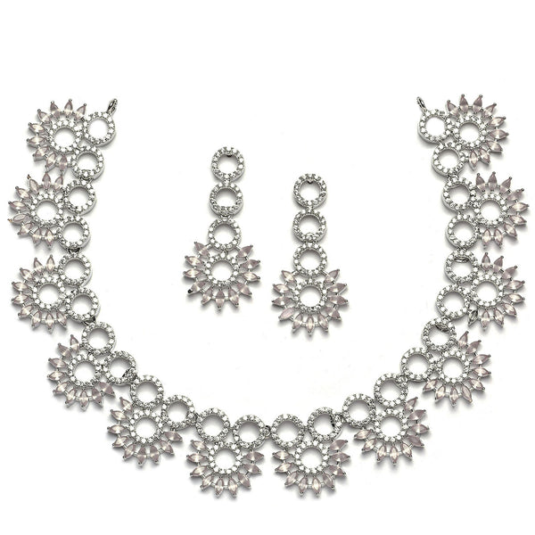 Rhodium-Plated Pink American Diamond Studded Classic Necklace with Earrings Jewellery Set