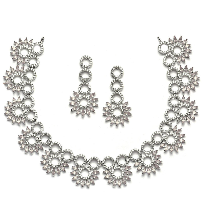 Rhodium-Plated Pink American Diamond Studded Classic Necklace with Earrings Jewellery Set