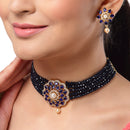 Floral Gold-Plated Navy Blue & White American Diamond Studded & Beaded Jewellery Set