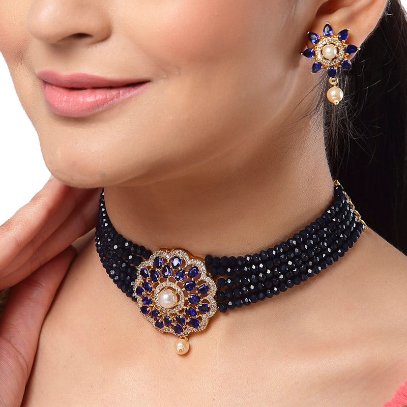 Floral Gold-Plated Navy Blue & White American Diamond Studded & Beaded Jewellery Set