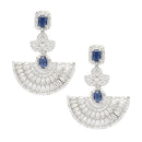 Rhodium-Plated Navy Blue & White American Diamond studded Leaf Shaped Drop Earrings