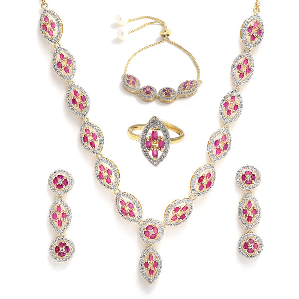 Gold-Plated Red & White American Diamond Studded Jewellery Set Combo