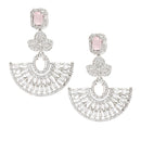 Rhodium-Plated Pink & White American Diamond studded Leaf Shaped Drop Earrings