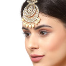 Gold Plated Stylish White Kundan Pearl Bead Drops Ethnic Maang Tikka & Earring