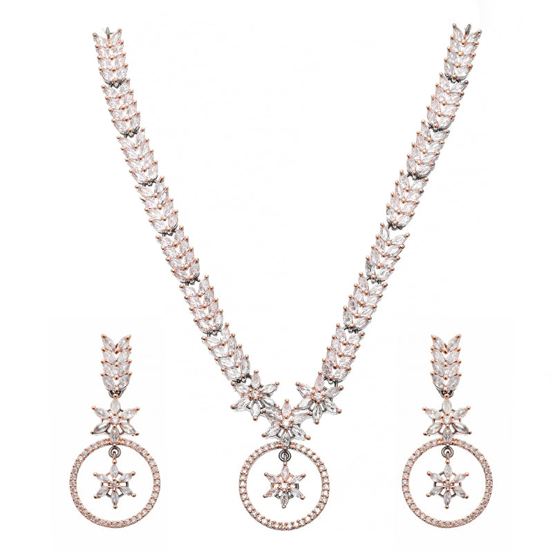 Rose Gold-Plated Gunmetal Toned White American Diamond Studded Star & Leaf Shaped Jewellery Set