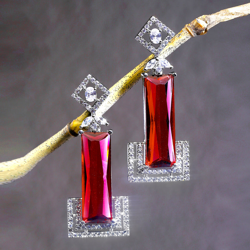 Rhodium-Plated Red American Diamond studded Rectangular Shaped Drop Earrings