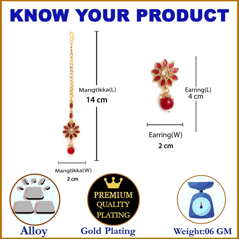 Gold Plated Floral Red Pearl Maang Tikka & Earring Set