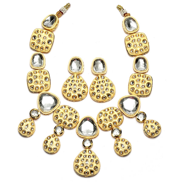Gold-Plated Kundan Studded Yellow Enamelled Necklace With Earrings Jewellery Set