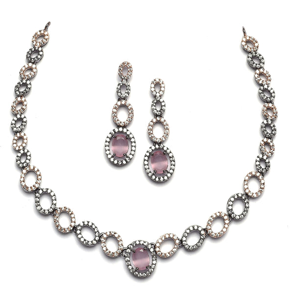 Rose Gold-Plated Gunmetal Toned Pink American Diamonds Studded Ovate Shaped Necklace & Earrings Jewellery Set
