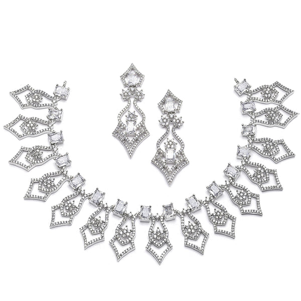 Rhodium-Plated White American Diamond Studded Tempted Necklace & Earrings Jewellery Set