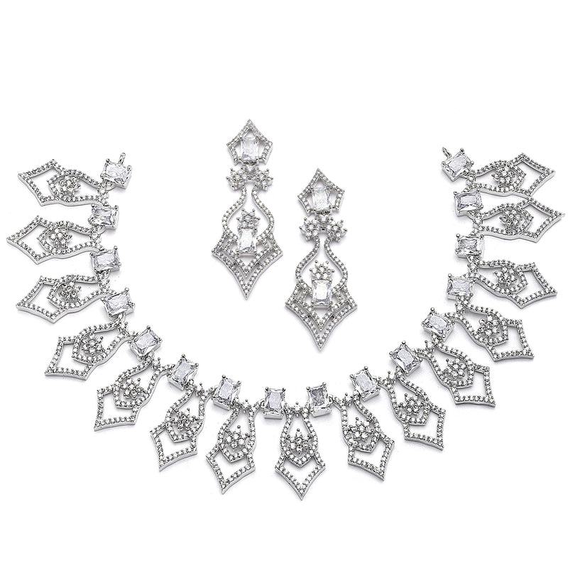 Rhodium-Plated White American Diamond Studded Tempted Necklace & Earrings Jewellery Set