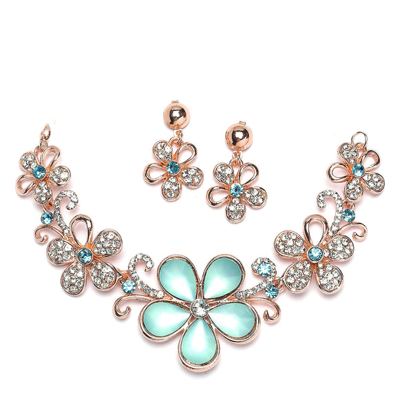 Rose Gold-Plated Sea Green American Diamonds Studded Floweret Necklace & Earrings Jewellery Set